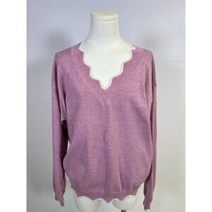 Women’s Lightweight Wool Sweater Size XL Scalloped Hem Pink White Preppy